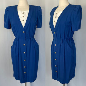 Vintage Dress Size 10 Blue Minimal Business Secretary Retro Puff Sleeve 80s 90s